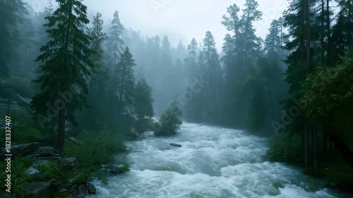 Dramatic zoom of a river rushing through a misty forest landscape during early morning hours in a tranquil natural setting