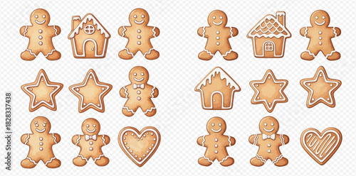 Assortment of festive gingerbread cookies including men, houses, stars, and hearts decorated with white icing, perfect for holiday celebrations.