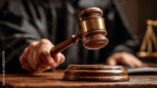 Judge Strikes Gavel on Sounding Block in a Courtroom During a Legal Proceeding