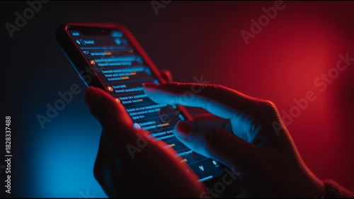 Hand scrolling social media feed on smartphone screen with blue and red digital lighting creating focused modern mobile technology atmosphere