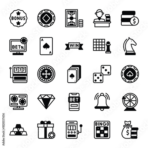 Comprehensive Outline Icon Pack for Casino Gambling, Online Sports Betting, Poker Strategy, and Jackpot Games
