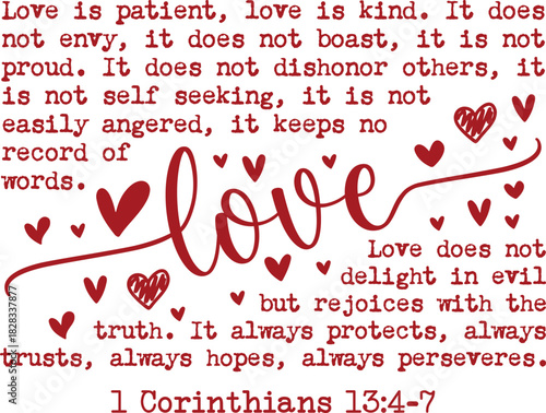 Love is Patient Bible Verse with Hearts and Calligraphy