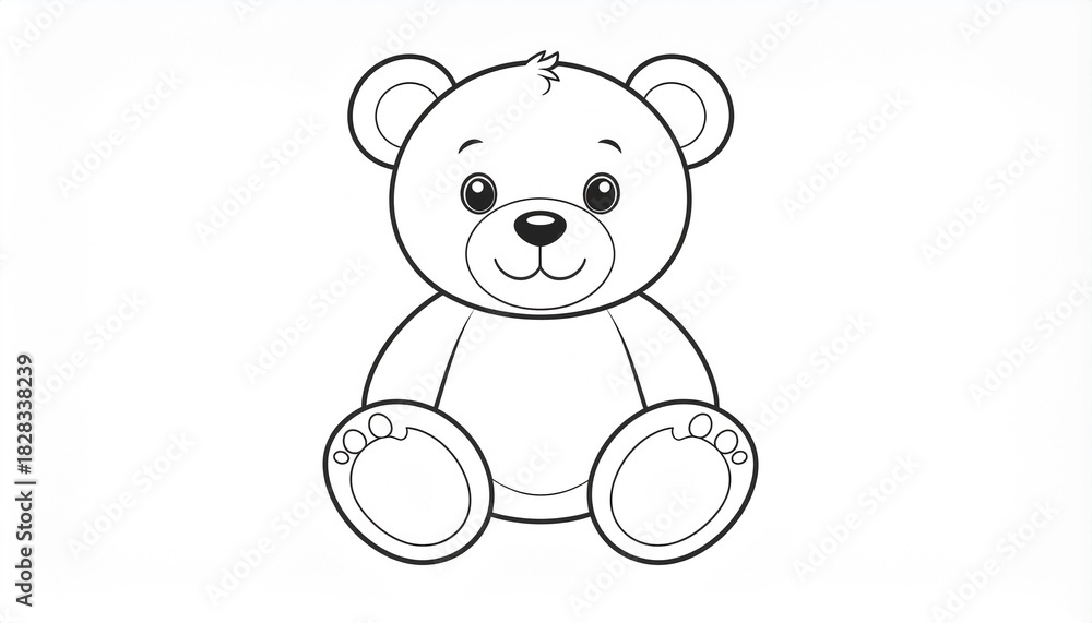 Fototapeta premium Cute black and white outline of a simple teddy bear with big round shapes, bold lines.