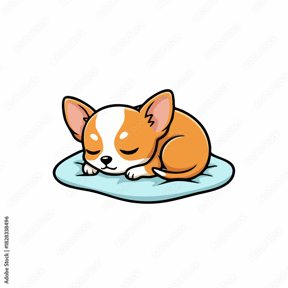Obraz premium Cute Cartoon Chihuahua Dog Sleeping on a Blue Mat