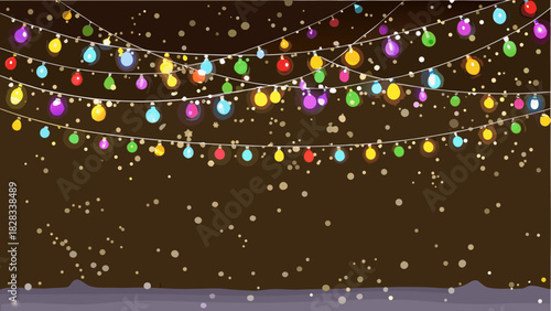 Festive string lights hanging against a dark background with falling snow creating a holiday atmosphere