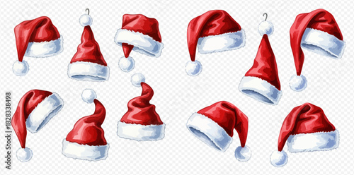 Collection of various red Santa Claus hats with white fur trim and pom-poms, perfect for Christmas holiday designs and festive celebrations.