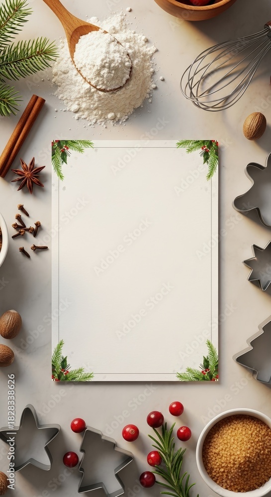 Fototapeta premium Festive Christmas baking scene with a blank recipe card, spices, flour, and cookie cutters on a light background.