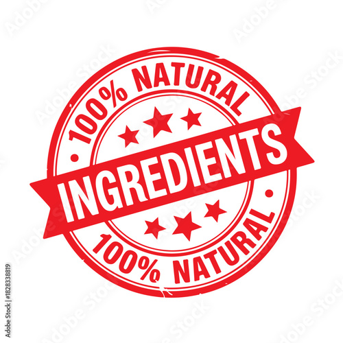 100% Natural Ingredients Stamp. Stamp Design Isolated on White Background. Grunge Stamp Vector Illustration.