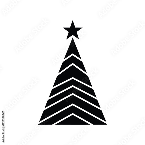 Minimalist geometric Christmas tree icon with a star on top. Modern abstract holiday symbol made of black chevron stripes. Simple festive design element for winter celebrations
