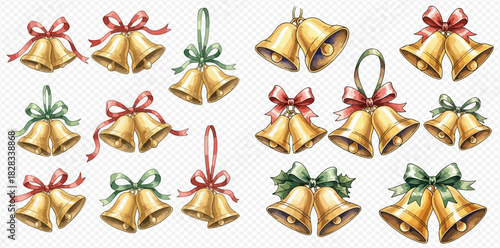 A collection of watercolor-style golden Christmas bells adorned with red and green bows, presented in various arrangements.