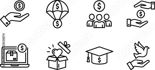 Charity and donation outline icon vector set for fundraising, social help, and community support initiatives