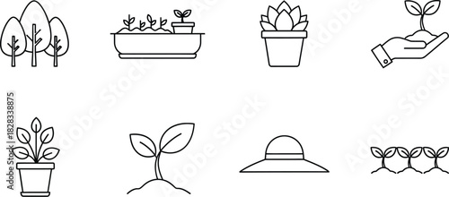 ''Gardening and plant care outline vector icon set including potted plants seedlings and a sun hat''