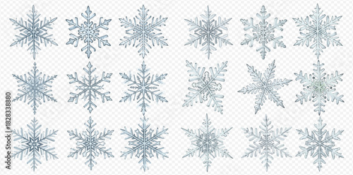 A diverse collection of intricate light blue snowflake designs, showcasing various unique crystal patterns on a transparent background.