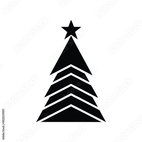 Minimalist black Christmas tree icon with a star topper. A modern, geometric design using stacked chevrons for a contemporary holiday concept