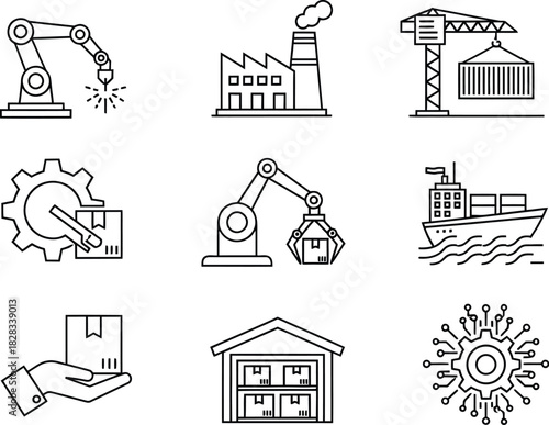 Collection of nine industrial and manufacturing vector icons representing production logistics and technology
