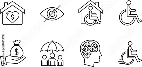 Collection of social support and disability outline vector icons featuring accessible housing financial aid and mental health