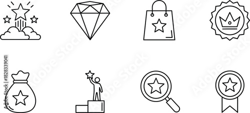 Collection of vector outline icons representing success achievement rewards and premium quality shopping experiences