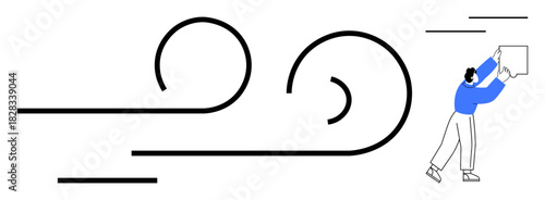 Wind concept. Wind ed by abstract minimalist lines and a person holding a flying object in windy conditions. Wind environmental forces and motion. For weather, climate, energy, motion, environment