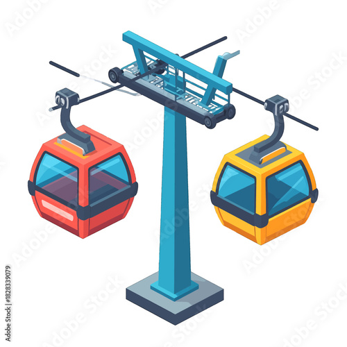 Two Pixel Art Cable Cars One Red One Yellow Ascending A Blue Support Tower On A White Background