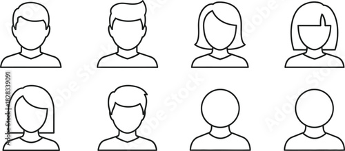 Eight diverse people outline vector icons representing users with various hairstyles for profiles and avatars