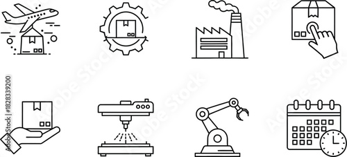 Eight industry and manufacturing vector line icons representing automation logistics and production processes