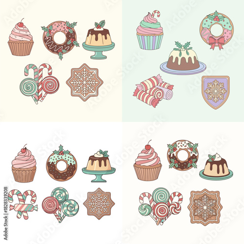 Christmas Dessert Icons Set – Cupcakes, Donuts, Pudding, Candy Canes, Lollipops, and Gingerbread Cookies