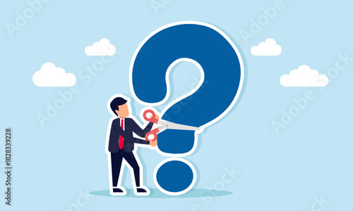 Businessman cutting a question mark with scissors as an illustration of finding answers to a problem