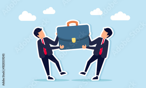 Two businessmen pulling a briefcase as an illustration of competing to secure business projects