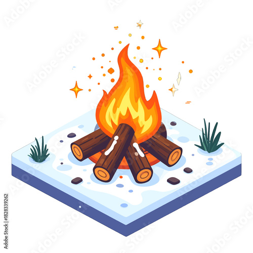 Cozy Winter Campfire with Glowing Embers and Sparse Greenery on a Snowy Ground