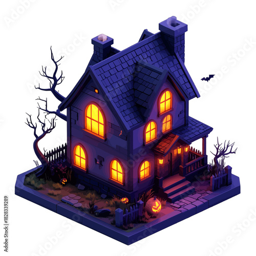 Spooky Haunted Isometric House With Glowing Windows and Jack O Lanterns on Halloween Night