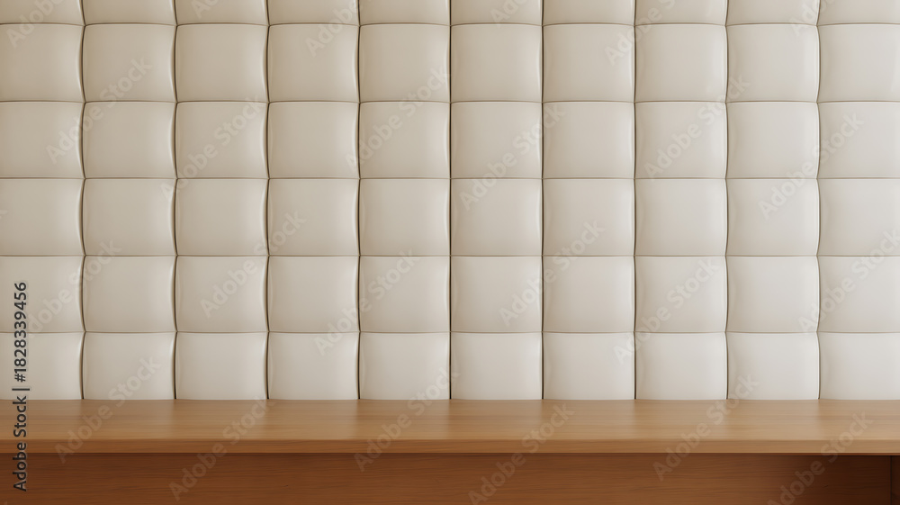 Naklejka premium Cream Padded Square Wall Texture with Wooden Shelf background beige