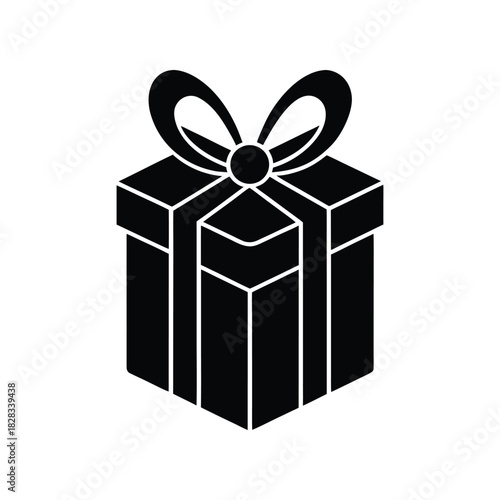 Isolated black gift box icon with a decorative ribbon bow. Simple vector glyph symbolizing a surprise, present, or celebration for a special occasion