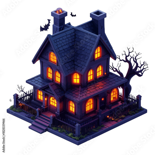 Pixel Art Haunted House With Glowing Windows and Bats Flying At Night