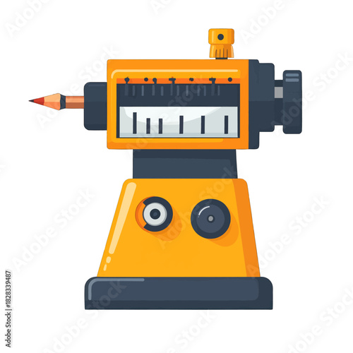 Yellow and Gray Mechanical Pencil Sharpener with Measuring Gauge Tool on White Background Studio Shot