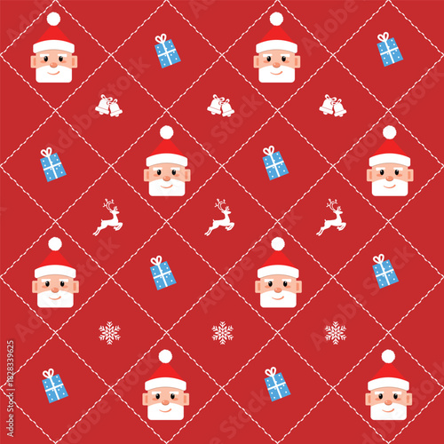Seamless Christmas Pattern Set Featuring Cute Santa Claus Faces, Festive Reindeer, Gifts, and Red Bows in Vector Flat Design.