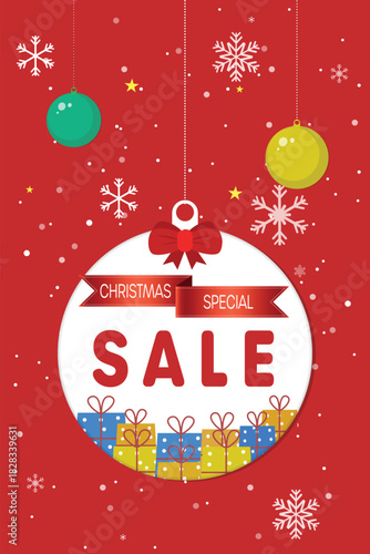 Vibrant Christmas Sale Banner Illustration with Festive , Snowflakes, and Big Discount Text - Up to 50% Off Promotion Graphic.