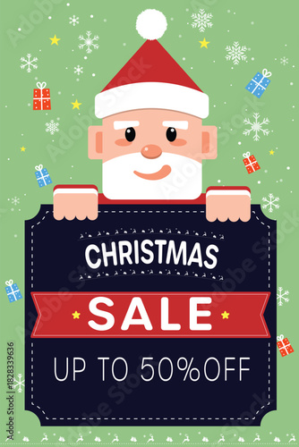 Vibrant Christmas Sale Banner Illustration with Festive , Snowflakes, and Big Discount Text - Up to 50% Off Promotion Graphic.