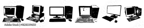 Set Black and White Silhouette Computer Vector Ideal for technology, digital, office, and simple communication graphics. Symbolizes computing, data, modern work, and technology.