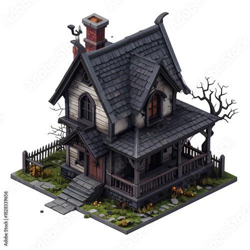 Pixel Art Spooky Haunted House with a Crooked Chimney and Dead Tree in Autumn Twilight