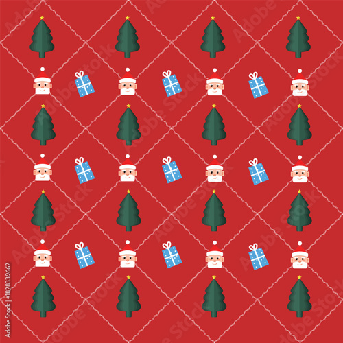 Seamless Christmas Pattern Set Featuring Cute Santa Claus Faces, Festive Reindeer, Gifts, and Red Bows in Vector Flat Design.