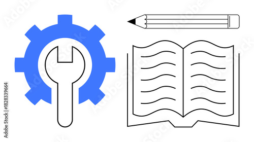 Gear with wrench for engineering, book with lines for learning, pencil for creation. Ideal for education, training, knowledge, engineering, design creativity innovation. Simple flat metaphor