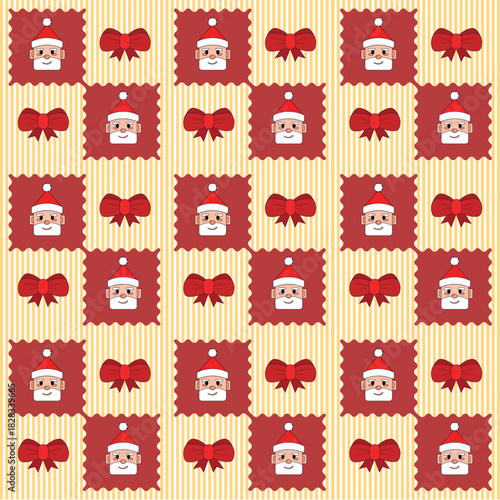 Seamless Christmas Pattern Set Featuring Cute Santa Claus Faces, Festive Reindeer, Gifts, and Red Bows in Vector Flat Design.