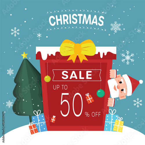 Vibrant Christmas Sale Banner Illustration with Festive , Snowflakes, and Big Discount Text - Up to 50% Off Promotion Graphic.