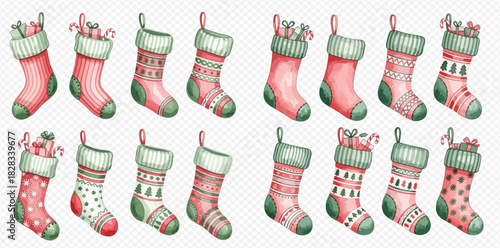 Watercolor Christmas stockings collection with various patterns and candy canes, perfect for holiday decorations and festive designs.
