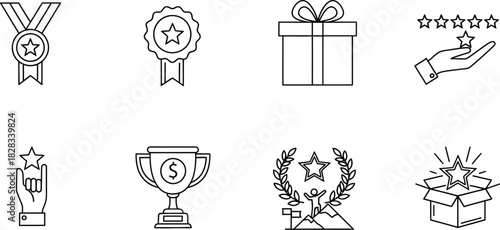 Outline vector icon set for success achievement reward and quality rating concepts isolated on a dark background