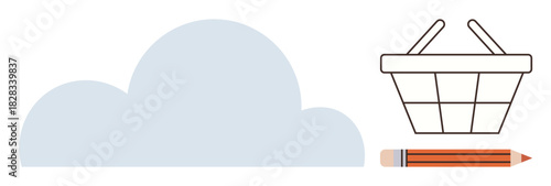 Basket, pencil, and cloud visualizing online shopping, innovation, simplicity, and ideas. Ideal for e-commerce, creativity cloud computing minimalism education planning commerce. Simple flat