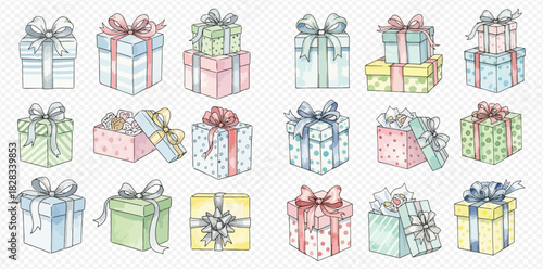 Watercolor illustration of various pastel gift boxes with bows and ribbons, perfect for celebrations and special occasions.