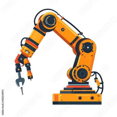 Orange Robotic Arm With Mechanical Gripper And Wrench In Its End Effector On A White Background