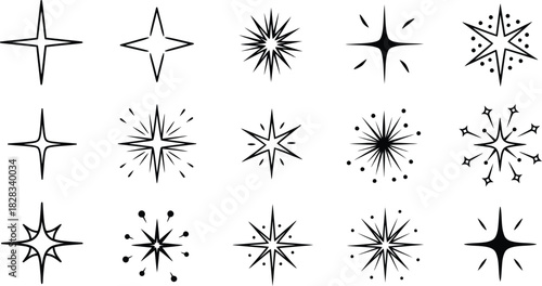 Set of 12 subtle starburst light flare vector icons for overlay effects and visual accents on dark backgrounds