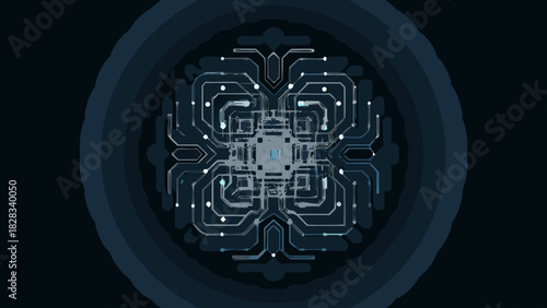 Abstract representation of a circuit board with concentric circles in shades of dark blue color palette